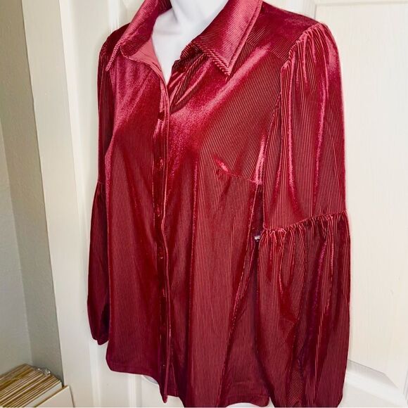 Modcloth Here For the Drama Button Up Corduroy Velvet Top Balloon Sleeve Wine S - Picture 8 of 12